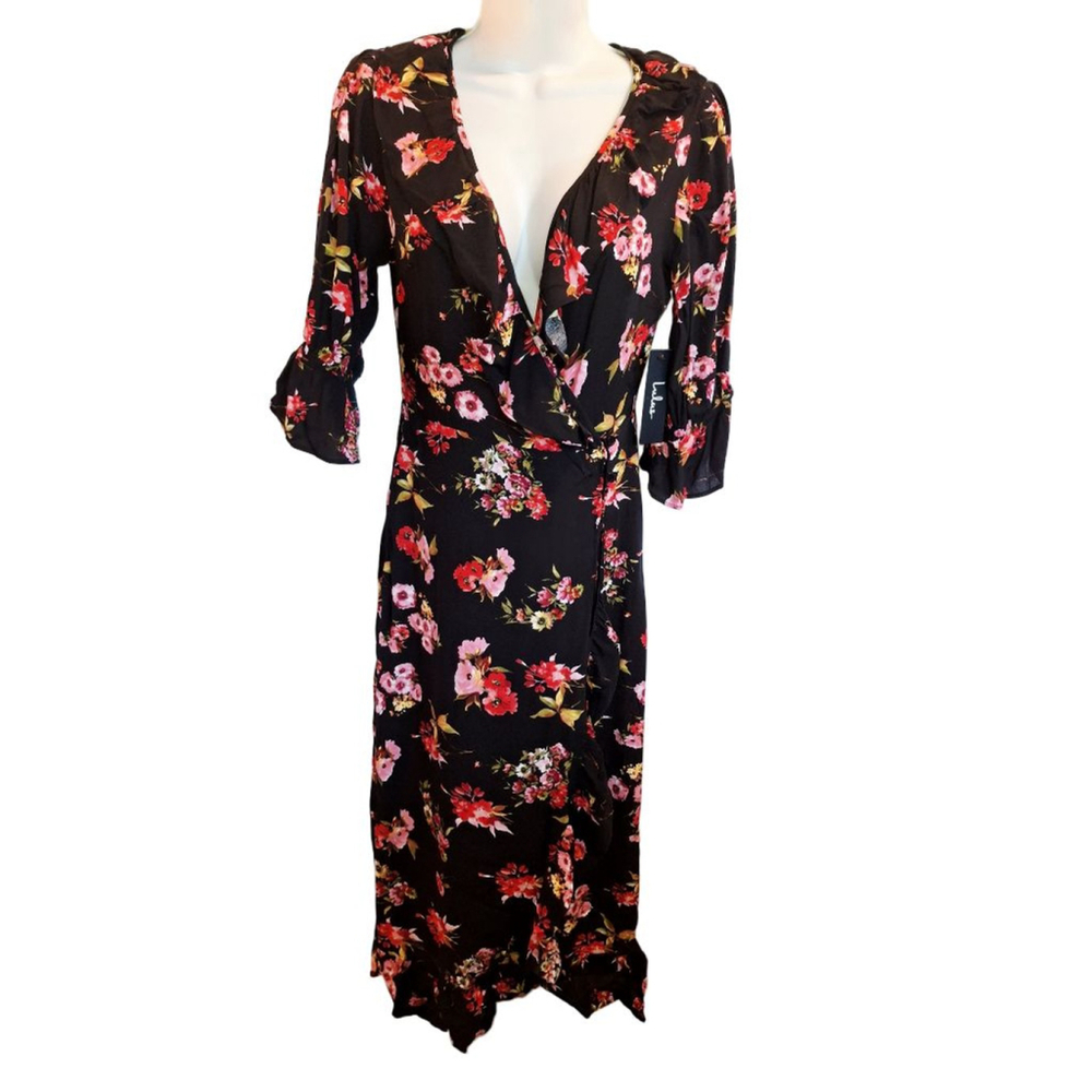 Lulus Black Floral Wrap nwt coquette feminine church fancy Maxi Dress XS